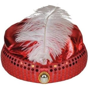 Rood Arabisch Sultan tulband met diamant en veer - 1001 nacht verkleed hoedje
