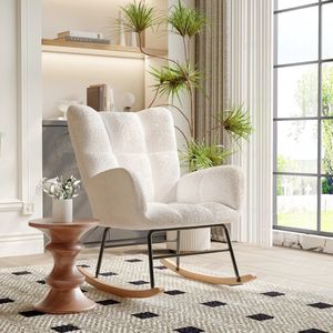 Moderne Schommelstoel - Hoge Rugleuning - Comfortabel & Opgevuld - Gestoffeerde Fauteuil - Relaxstoel voor Woonkamer - Luxe Eenpersoons Stoel - 62.5 x 88 x 96 cm - Beige