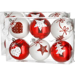 12x stuks gedecoreerde kerstballen rood en wit kunststof diameter 6 cm - Kerstboom versiering