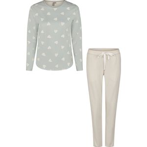 By Louise Dames Pyjama Set Lang Katoen Mintgroen Hartjes/Beige Gestreept - Maat L