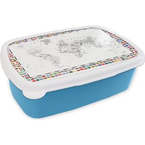 Broodtrommel Blauw - Lunchbox - Brooddoos - Wereldkaart - Zwart - Wit - Vlag - 18x12x6 cm - Kinderen - Jongen