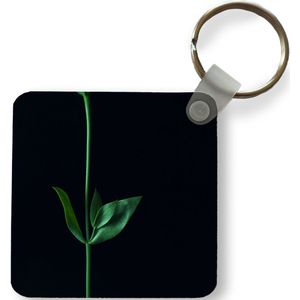 Sleutelhanger - Een groene stengel met twee bladeren tegen een zwarte achtergrond - Plastic - Rond - Uitdeelcadeautjes