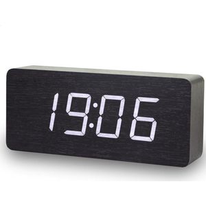 Houten wekker – Alarm Clock – Rechthoek midden - Zwart kleur – Reiswekker - Tijd datum temperatuur weergave – Gratis Adapter - Draadloos met batterijen