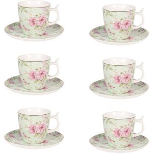 HAES DECO - Kop en Schotel set van 6 - inhoud 60 ml - kleuren Groen / Roze / Wit - Bedrukt Porselein met Bloemen - Theeservies, Koffieservies, Theekoppen, Koffiekoppen, Cappuccino