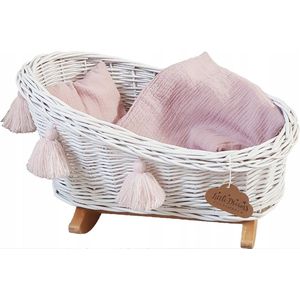 Poppenbed - Wieg - Rieten - Roze beddengoed - Handgemaakt