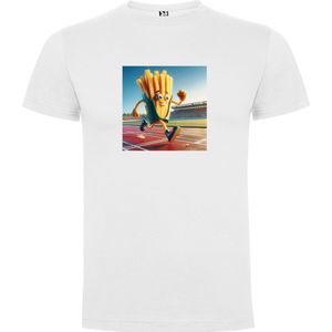 Wit T-Shirt met “Kleurrijke Humor – Sportieve Friet – Rennende patatzak “ Print Full Color Maat L