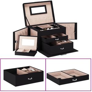 vidaXL - Sieradendoosje - 3-laags - spiegel - afsluitbaar - 26x18x17,5 - cm - zwart