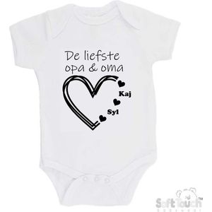 100% katoenen Romper ""De liefste opa & oma met de namen van 2 kleinkinderen"" Unisex Katoen Wit/zwart 56/62