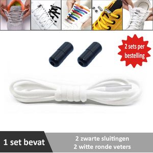 2 paar witte ronde elastische veters met zwarte sluiting. Je hoeft voortaan nooit meer je veters te strikken