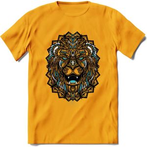 Leeuw - Dieren Mandala T-Shirt | Lichtblauw | Grappig Verjaardag Zentangle Dierenkop Cadeau Shirt | Dames - Heren - Unisex | Wildlife Tshirt Kleding Kado | - Geel - XL