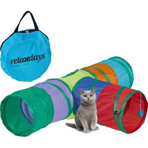 Relaxdays kattentunnel 3 gangen - opvouwbaar - pop-up - speeltunnel katten - met tas