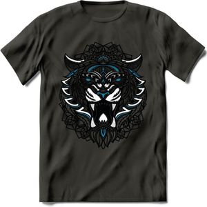 Tijger - Dieren Mandala T-Shirt | Blauw | Grappig Verjaardag Zentangle Dierenkop Cadeau Shirt | Dames - Heren - Unisex | Wildlife Tshirt Kleding Kado | - Donker Grijs - S