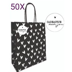 HGN Papieren Tasjes met hartjes -Cadeautasjes-Cadeauzakjes-50 Stuks-Zwart met hartjes-Incl 50 Stickers twv 9,95-18+8x22 cm