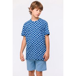 Woody Jongens-Heren Pyjama blauwe ruitjes print - maat 164/14J