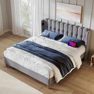 KOMHTOM Bed Tweepersoonsbed 160x200 cm met USB-oplaadfunctie Type C bedframe met lattenbodem Volwassenenbed grijs