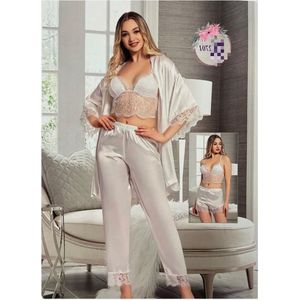 Dames Nachtjapon- 4-delig dames mode pyjama set, jas+ broek+ short+bh- Luxe Pyjamaset- Nachtkleding met kanten 2701- Crème- Maat S