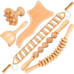 6-in-1 massagegereedschap voor houttherapie - lichaamsvorming Maderoterapia-kit - anti-cellulitis lymfedrainage - gebogen houten stimulator - cup roller set voor beenbuik