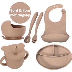 Pure Luv Babyservies - 7 delig - BPA vrij - Leren Eten - Kinderserviesset Bruin - 100% Siliconen - BPA Vrij - Vriezer, Magnetron, Vaatwasserbestendig - Kerstcadeau