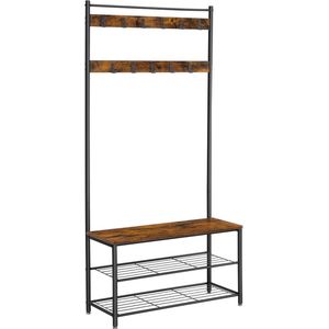 Rootz kapstok - kapstok met 3 planken - staande kapstok - boomkapstok - wandkapstokken - spaanplaat - staal - vintage bruin-zwart - 32 x 85 x 175 cm (D x B x H)