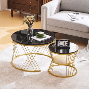 Moderne salontafel, hoogglans salontafelset, marmeren fineer bank zijnest van tafels ronde bijzettafels, set van 2, gouden kleur frame