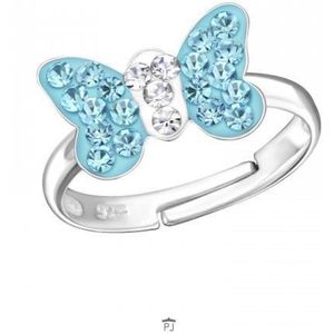 Ring meisje kind | Ring kinderen | Zilveren ring met vlinder, blauw met wit