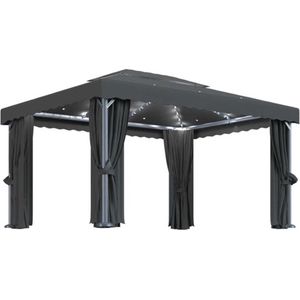 vidaXL - Prieel - met - gordijn - en - LED-lichtslinger - 4x3 - m - antracietkleurig