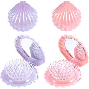 Ronde Mini-haarborstel 2 stuks met kleine spiegel - Metallic glanzende afwerking - Schelpvorm - Opvouwbare kam - Reisborstel - Draagbaar en opvouwbaar - Haarmassagekam