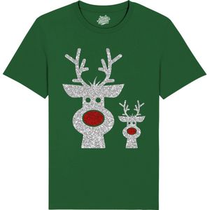 Rendier Buddies - Foute Kersttrui Kerstcadeau - Dames / Heren / Unisex Kleding - Grappige Kerst Outfit - Glitter Look - T-Shirt - Unisex - Bottle Groen - Maat 3XL