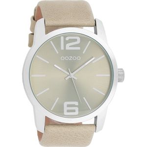 OOZOO Timepieces - Zilverkleurige horloge met zand/licht groene leren band - C8031