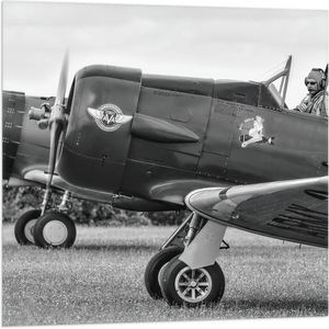 WallClassics - Vlag - Piloot in Stuntvliegtuig in het zwart-wit - 80x80 cm Foto op Polyester Vlag