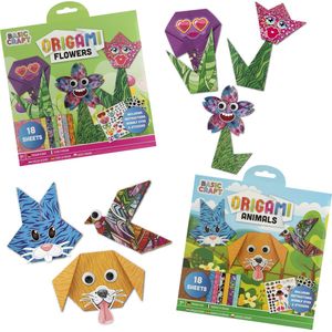 Grafix Origami Set Bloemen & Dieren - 2-in-1 Set - 18 Vellen per Set - Inclusief Instructies, Wiebeloogjes en Stickers - Geschikt voor Kinderen vanaf 7 Jaar