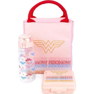 Wonder Woman Lunch Bag - Rechthoekige Tote Stijl - 3-delige set - waterfles en snackcontainer - Superheldenkracht - Roze Schildontwerp - volwassenen en kinderen - duurzaam materiaal Portable Lunch Bag