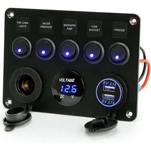 12v schakelpaneel - Voor Boot, Camper, Auto. - 5 Schakelaars met Ledindicatie en Zekeringen, 12 V Sigaretten Aansteker Aansluiting, Voltmeter, Dubbele USB Aansluiting.