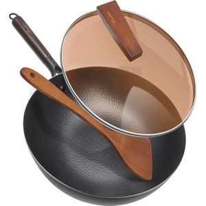 Koolstofstalen Wokpan 32 cm met Afneembaar Handvat en Glazen Deksel - Geschikt voor alle Fornuizen