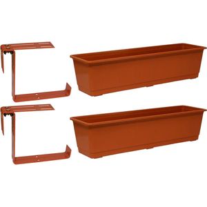 Set van 2 kunststof plantenbakken terracotta rechthoekig 60 cm met 4 verstelbare railing beugels