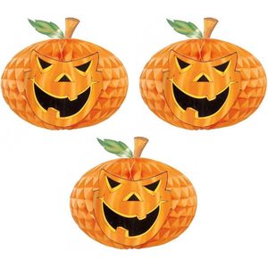 Set van 3x stuks horror decoratie honeycomb pompoen met gezicht 30 cm - Halloween lampion