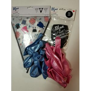 gender reveal ballonpakket roze met grote zwarte ballon roze confetti, 10 roze ballonnen, 10 blauwe ballonnen en vlaggenlijn 10mtr