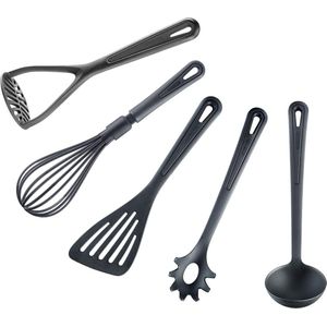 Keukenhulpset 5-delig: garde, soeplepel, aardappelstamper, spatel, spaghettilepel, kunststof, gentle, zwart