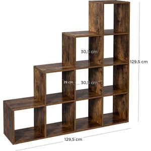 Rootz Boekenkast - 10 Vakken - Archiefkast - Kast - Kasten - Hout - Bruin - Industrieel - 129,5 x 30,5 cm