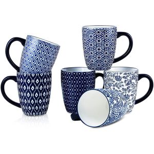 Porseleinen koffiemokken set - vintage blauw - 6 stuks