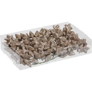 108x Champagne glitter mini sterretjes stekers kunststof 4 cm - Kerststukje maken onderdelen