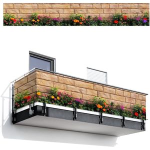 Balkonscherm 500x75 cm - Balkonposter Bloemen - Bakstenen - Kleurrijk - Balkon scherm decoratie - Balkonschermen - Balkondoek zonnescherm