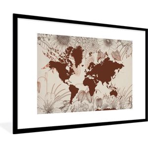 Fotolijst incl. Poster - Wereldkaart - Bloemen - Rood - 90x60 cm - Posterlijst