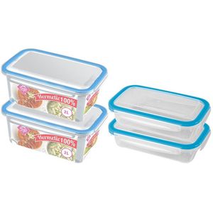 4x Voorraad/vershoudbakjes 0,5 en 2 liter transparant/blauw plastic/kunststof - Kiev - Luchtdicht/hermetisch afgesloten vershouddoos bakje - Mealprep - Maaltijden bewaren