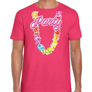 Toppers - Bellatio Decorations Tropical party T-shirt voor heren - bloemenkrans - roze - carnaval/themafeest S