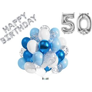 Luna Balunas 50 Jaar Ballonnen Set Zilver Blauw Helium Verjaardag - Abraham Sarah