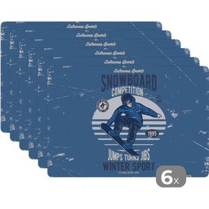 Placemat - Placemats kunststof - Snowboard - Man - Vintage - 45x30 cm - 6 stuks - Hittebestendig - Anti-Slip - Onderlegger - Afneembaar
