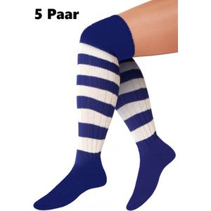 5x Paar Lange sokken blauw/wit gebreid mt.41-47 - Tiroler heren dames kniekousen kousen voetbalsokken festival Oktoberfest voetbal sport