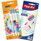 BIC Tie Dye Bureau Set - met BIC 4 Kleuren Decor Tie Dye Balpennen en 2 Mini Pocket Mouse Decors Correctiebanden