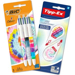 BIC Tie Dye Bureau Set - met BIC 4 Kleuren Decor Tie Dye Balpennen en 2 Mini Pocket Mouse Decors Correctiebanden